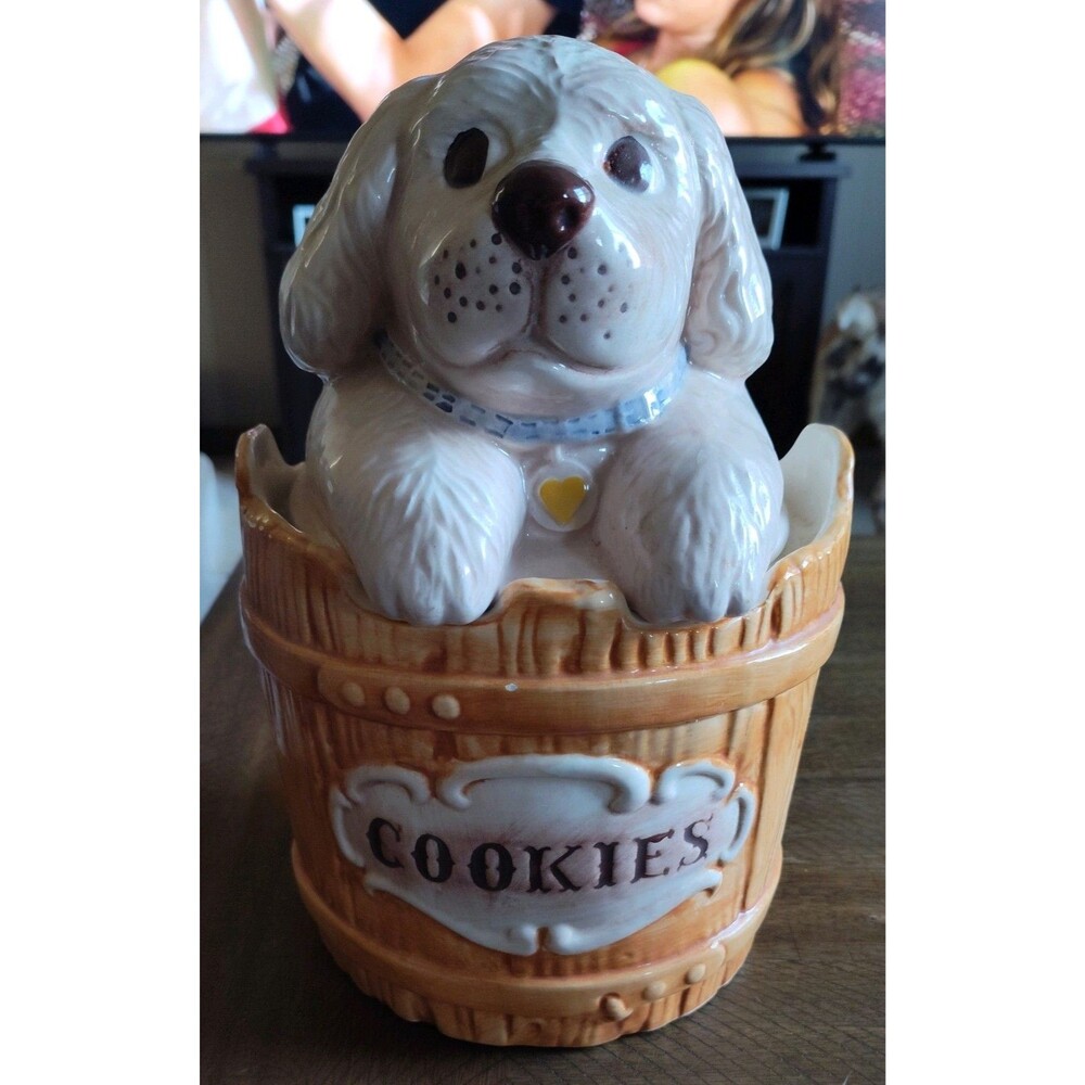 Vintage Treasure Craft Dog in Barrel Cookie Jar Puppy Ceramic USA Retro 11”